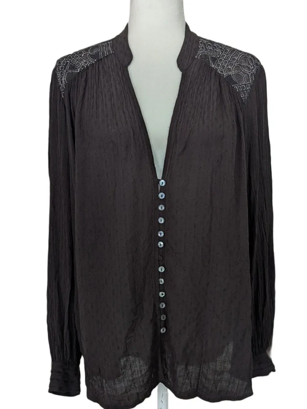 Free People Womens Black Canyon Rose Button Front Long Sleeve Shirt Size Large